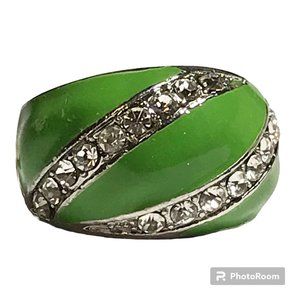 Vintage Green Enamel Cocktail Ring Silver Plated Crystal Rhinestone Size 7 Boho